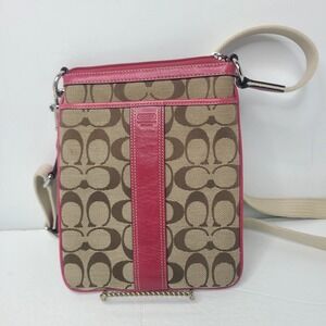 Coach Signature Crossbody Swingpack Tan Canvas Pink Leather Accents Stripe